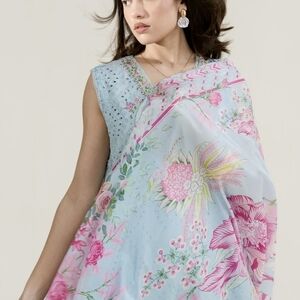 Zaib Chikankari Pale Blue Outfit With Silk Dupatta